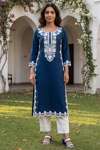 Women’s blue solid embroidered regular kurta | stylish ethnic wear kurti for women | trendy casual & festive wear