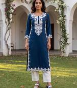 Women’s blue solid embroidered regular kurta | stylish ethnic wear kurti for women | trendy casual & festive wear