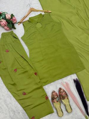 Olive green cotton kurta with embroidery farshi salwar with dupatta 4