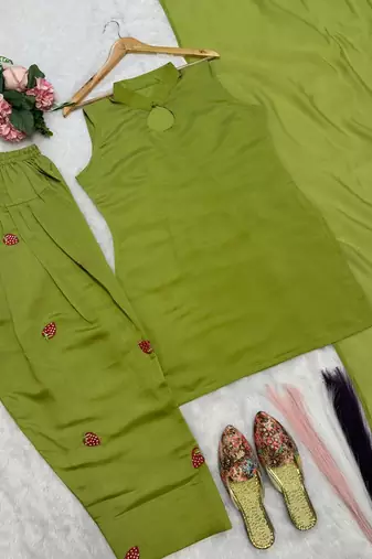 Olive green cotton kurta with embroidery farshi salwar with dupatta