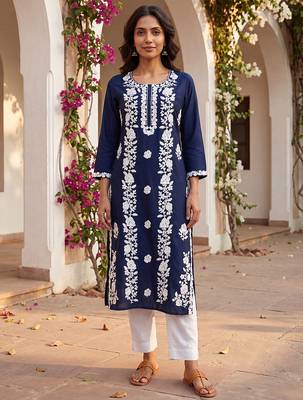 Women’s turquoise blue solid embroidered regular kurta | stylish ethnic wear kurti for women 5