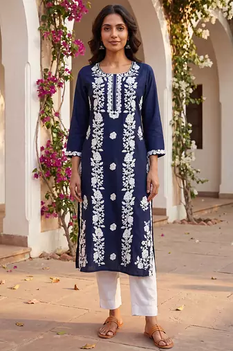 Women’s turquoise blue solid embroidered regular kurta | stylish ethnic wear kurti for women