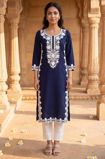 Women’s blue solid embroidered regular kurta | stylish ethnic wear kurti for women | trendy casual & festive wear