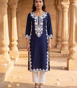 Women’s blue solid embroidered regular kurta | stylish ethnic wear kurti for women | trendy casual & festive wear
