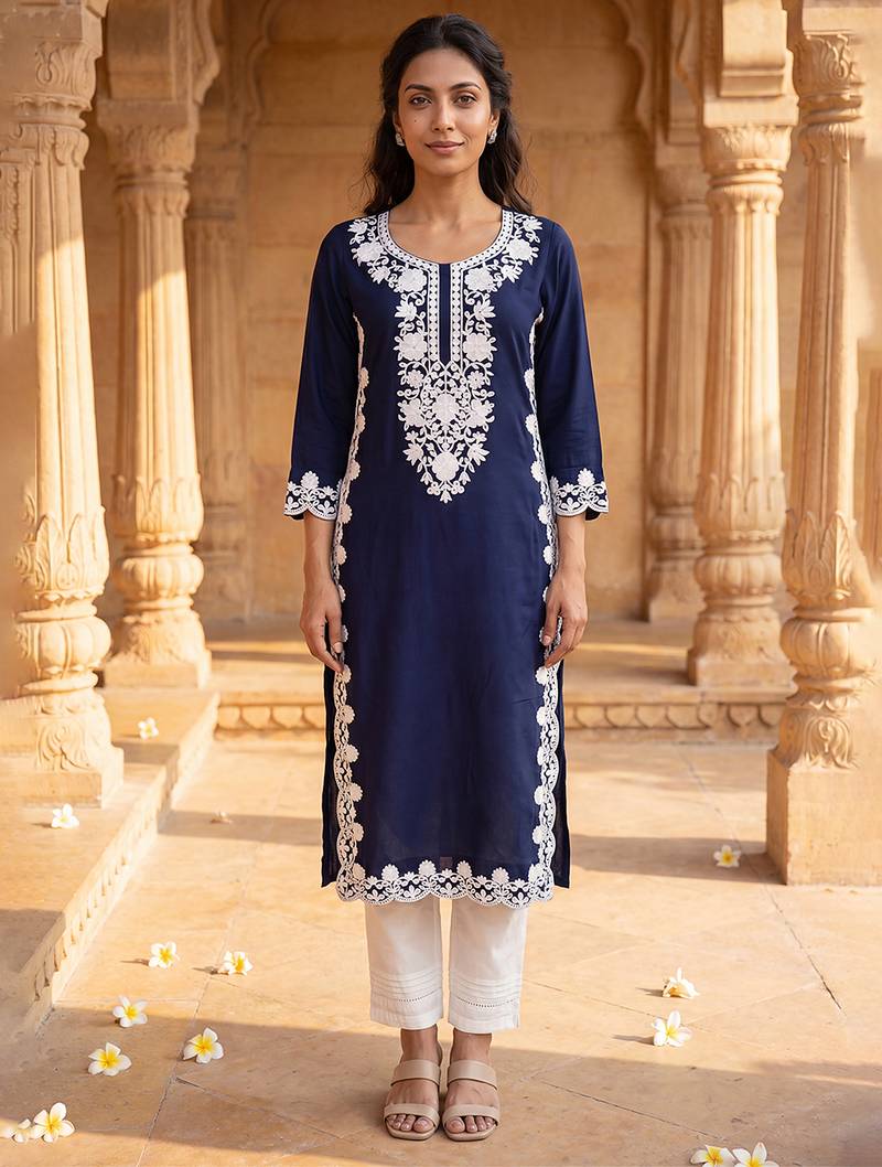 Women’s blue solid embroidered regular kurta | stylish ethnic wear kurti for women | trendy casual & festive wear