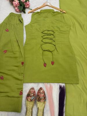 Olive green cotton kurta with embroidery farshi salwar with dupatta 5
