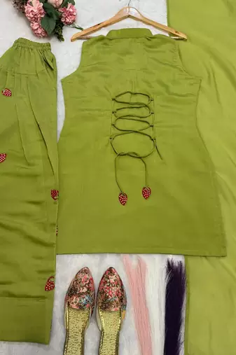 Olive green cotton kurta with embroidery farshi salwar with dupatta