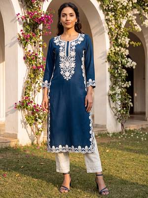Women’s blue solid embroidered regular kurta | stylish ethnic wear kurti for women | trendy casual & festive wear 2