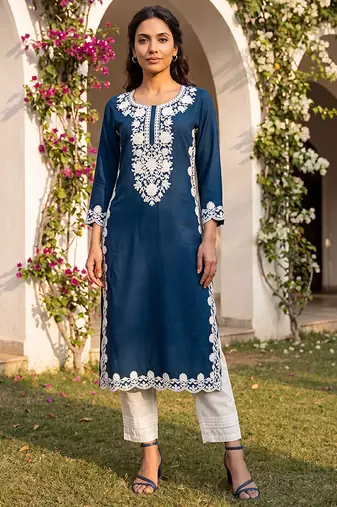 Women’s blue solid embroidered regular kurta | stylish ethnic wear kurti for women | trendy casual & festive wear