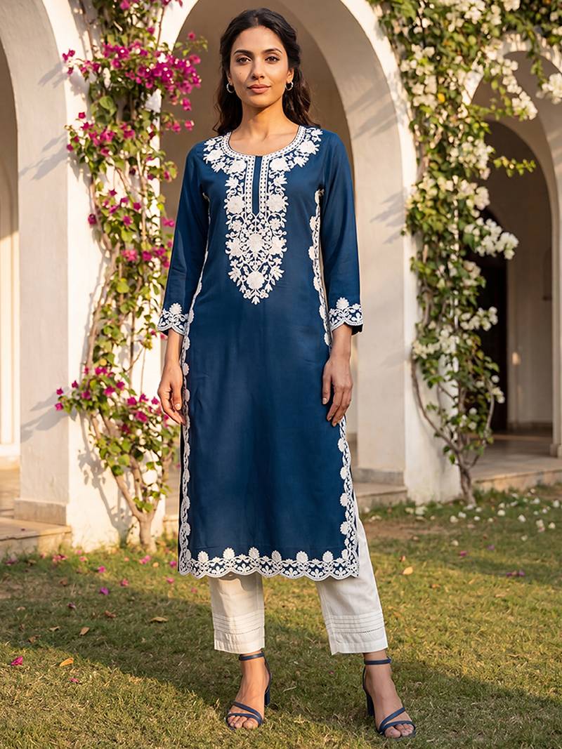 Women’s blue solid embroidered regular kurta | stylish ethnic wear kurti for women | trendy casual & festive wear