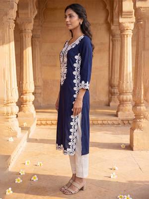 Women’s blue solid embroidered regular kurta | stylish ethnic wear kurti for women | trendy casual & festive wear 2