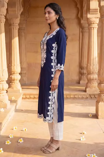 Women’s blue solid embroidered regular kurta | stylish ethnic wear kurti for women | trendy casual & festive wear