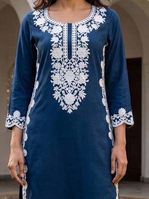 Women’s blue solid embroidered regular kurta | stylish ethnic wear kurti for women | trendy casual & festive wear 3