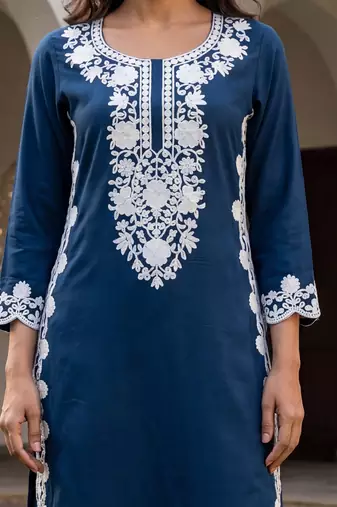 Women’s blue solid embroidered regular kurta | stylish ethnic wear kurti for women | trendy casual & festive wear
