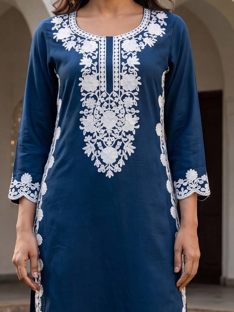 Women’s blue solid embroidered regular kurta | stylish ethnic wear kurti for women | trendy casual & festive wear