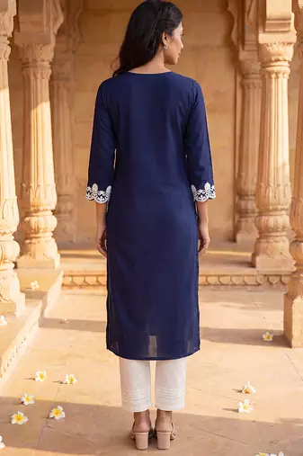 Women’s blue solid embroidered regular kurta | stylish ethnic wear kurti for women | trendy casual & festive wear