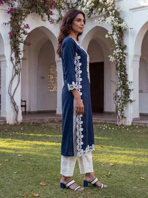 Women’s blue solid embroidered regular kurta | stylish ethnic wear kurti for women | trendy casual & festive wear 4
