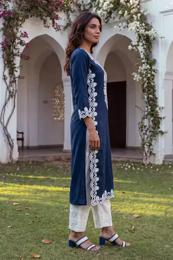 Women’s blue solid embroidered regular kurta | stylish ethnic wear kurti for women | trendy casual & festive wear
