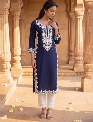 Women’s blue solid embroidered regular kurta | stylish ethnic wear kurti for women | trendy casual & festive wear 4