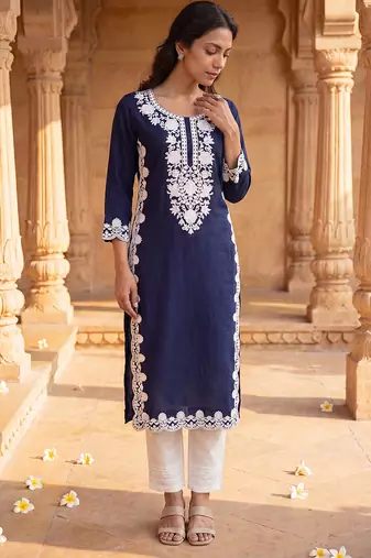 Women’s blue solid embroidered regular kurta | stylish ethnic wear kurti for women | trendy casual & festive wear