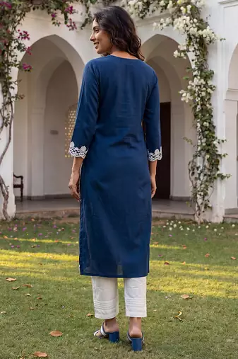 Women’s blue solid embroidered regular kurta | stylish ethnic wear kurti for women | trendy casual & festive wear