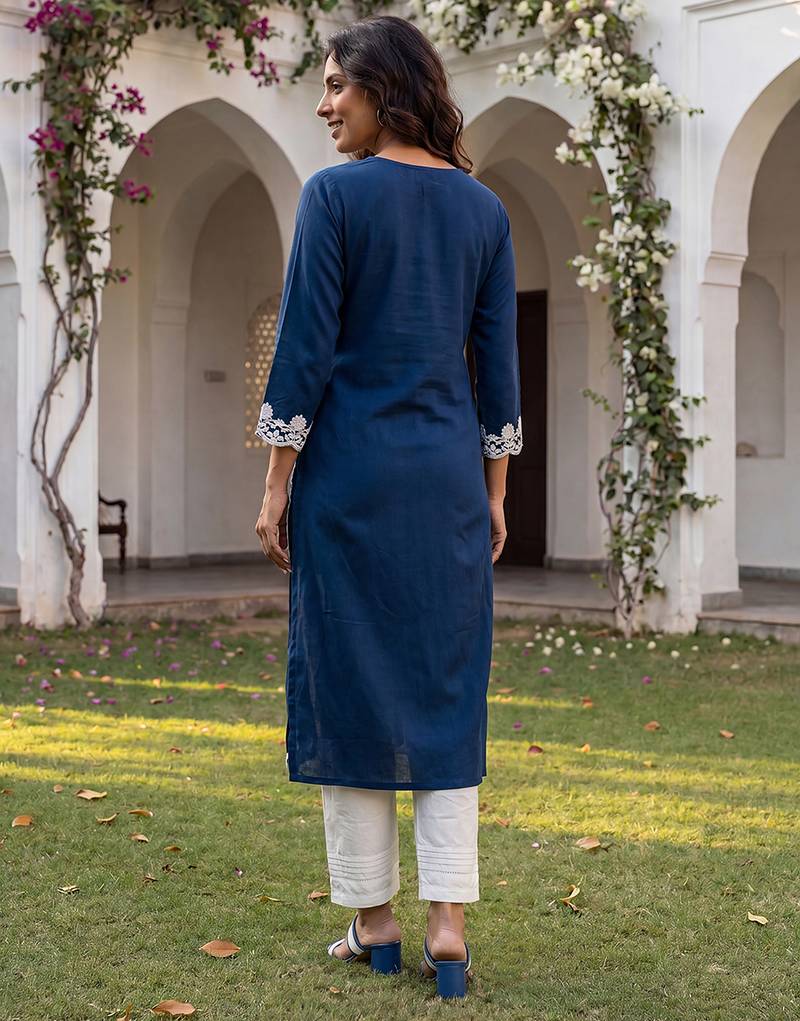Women’s blue solid embroidered regular kurta | stylish ethnic wear kurti for women | trendy casual & festive wear