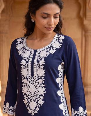Women’s blue solid embroidered regular kurta | stylish ethnic wear kurti for women | trendy casual & festive wear 5