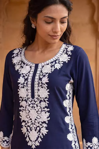 Women’s blue solid embroidered regular kurta | stylish ethnic wear kurti for women | trendy casual & festive wear
