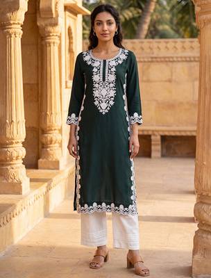 Women’s green solid embroidered regular kurta | stylish ethnic wear kurti for women | trendy casual & festive wear 1