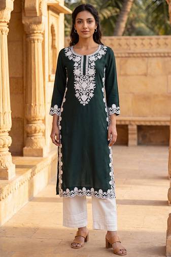 Women’s green solid embroidered regular kurta | stylish ethnic wear kurti for women | trendy casual & festive wear