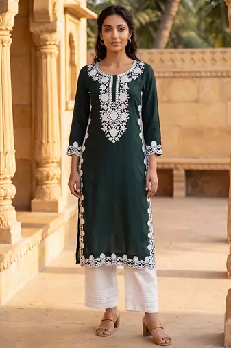 Women’s green solid embroidered regular kurta | stylish ethnic wear kurti for women | trendy casual & festive wear