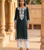 Women’s green solid embroidered regular kurta | stylish ethnic wear kurti for women | trendy casual & festive wear