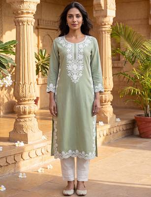 Women’s green solid embroidered regular kurta | stylish ethnic wear kurti for women | trendy casual & festive wear 1