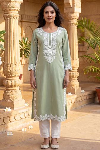 Women’s green solid embroidered regular kurta | stylish ethnic wear kurti for women | trendy casual & festive wear