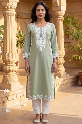 Women’s green solid embroidered regular kurta | stylish ethnic wear kurti for women | trendy casual & festive wear