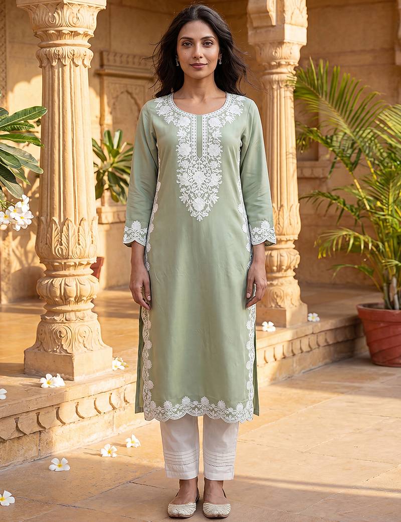 Women’s green solid embroidered regular kurta | stylish ethnic wear kurti for women | trendy casual & festive wear