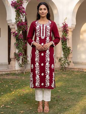 Women’s red solid embroidered regular kurta | stylish ethnic wear kurti for women | trendy casual & festive wear 1