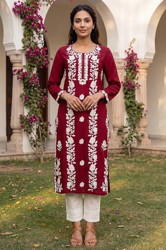 Women’s red solid embroidered regular kurta | stylish ethnic wear kurti for women | trendy casual & festive wear