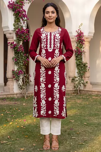 Women’s red solid embroidered regular kurta | stylish ethnic wear kurti for women | trendy casual & festive wear