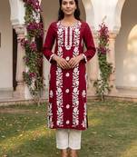Women’s red solid embroidered regular kurta | stylish ethnic wear kurti for women | trendy casual & festive wear