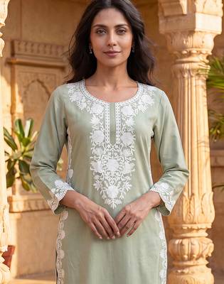 Women’s green solid embroidered regular kurta | stylish ethnic wear kurti for women | trendy casual & festive wear 2