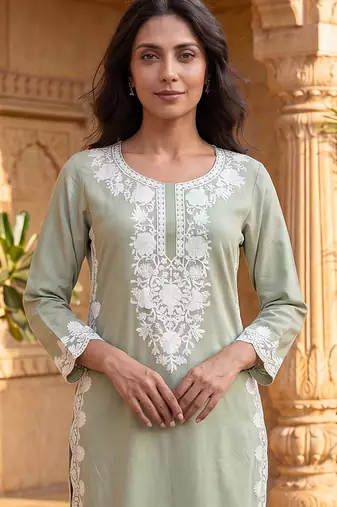 Women’s green solid embroidered regular kurta | stylish ethnic wear kurti for women | trendy casual & festive wear