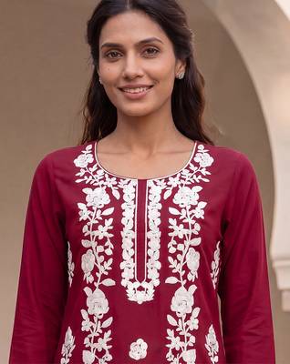 Women’s red solid embroidered regular kurta | stylish ethnic wear kurti for women | trendy casual & festive wear 2