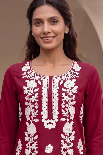 Women’s red solid embroidered regular kurta | stylish ethnic wear kurti for women | trendy casual & festive wear