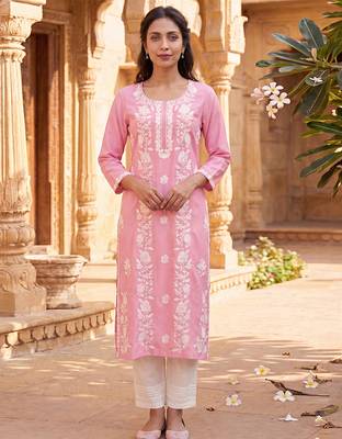Women’s pink solid embroidered regular kurta | stylish ethnic wear kurti for women | trendy casual & festive wear 1