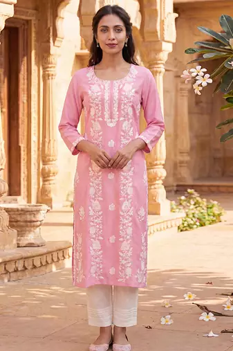 Women’s pink solid embroidered regular kurta | stylish ethnic wear kurti for women | trendy casual & festive wear