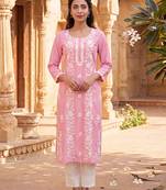 Women’s pink solid embroidered regular kurta | stylish ethnic wear kurti for women | trendy casual & festive wear