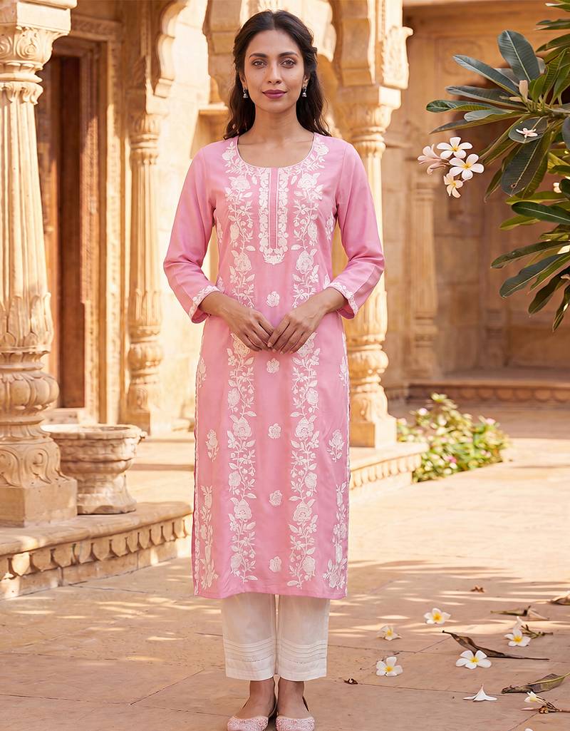 Women’s pink solid embroidered regular kurta | stylish ethnic wear kurti for women | trendy casual & festive wear