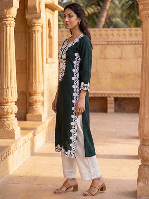 Women’s green solid embroidered regular kurta | stylish ethnic wear kurti for women | trendy casual & festive wear 3