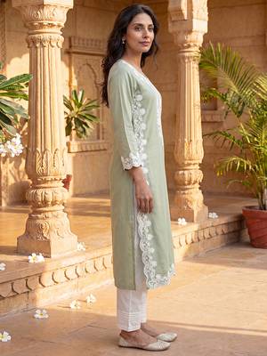 Women’s green solid embroidered regular kurta | stylish ethnic wear kurti for women | trendy casual & festive wear 3